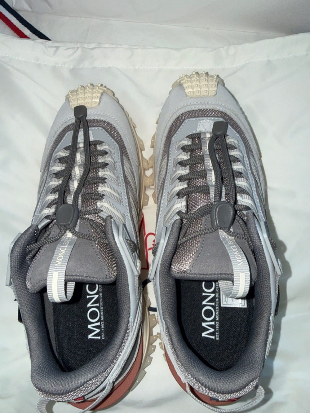 Moncler Gray & Cream Trail Runner Sneakers with Subtle Purple Accents - Picture 5 of 7